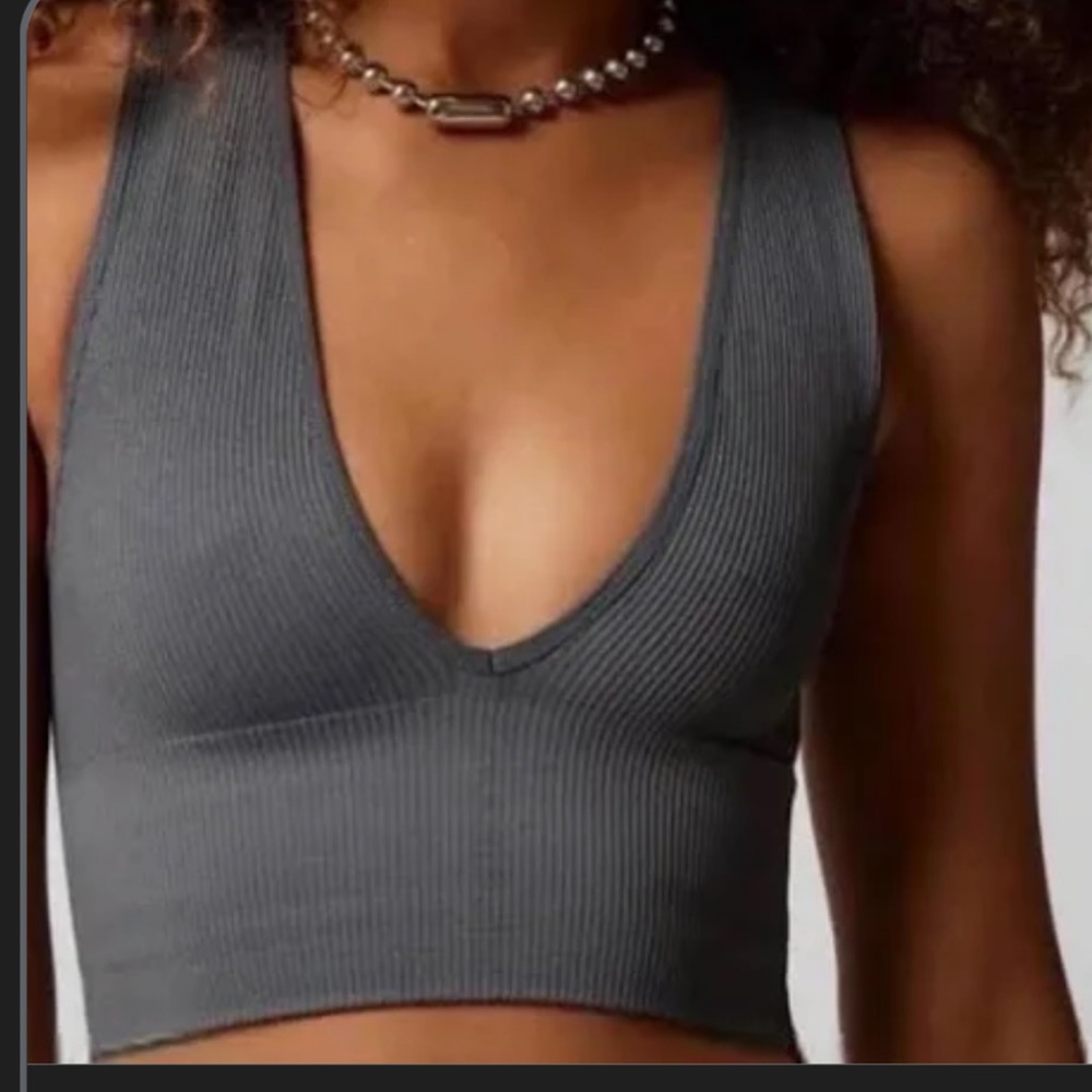 Urban Outfitters Ribbed V-Neck Crop Tank - Charcoal